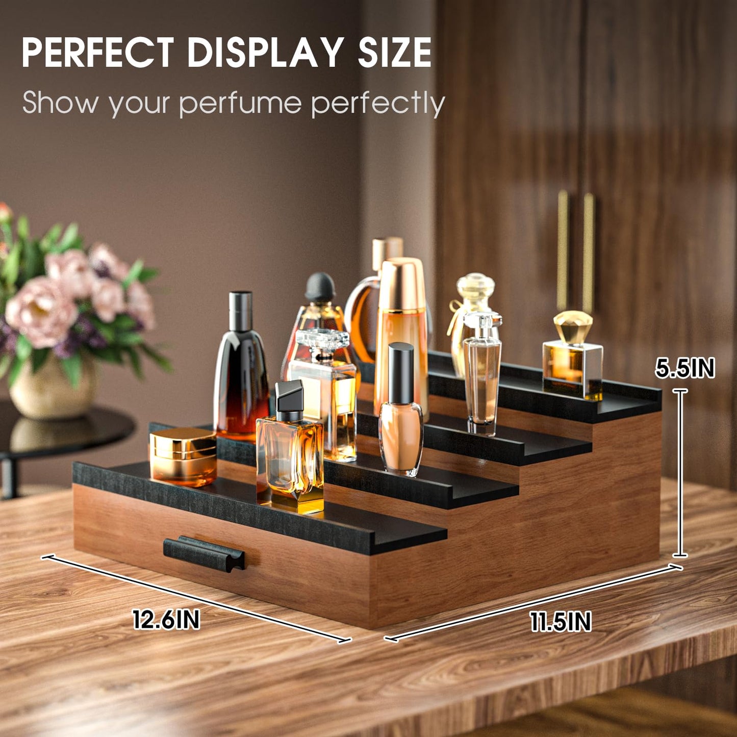 Sephyroth Cologne Organizer for Men 4 Tier of Elevated Cologne Display Shelf with Drawer Storage Perfume Organization and Storage Display Risers,Great Gift for Man(4Tier-WalnutBalck)
