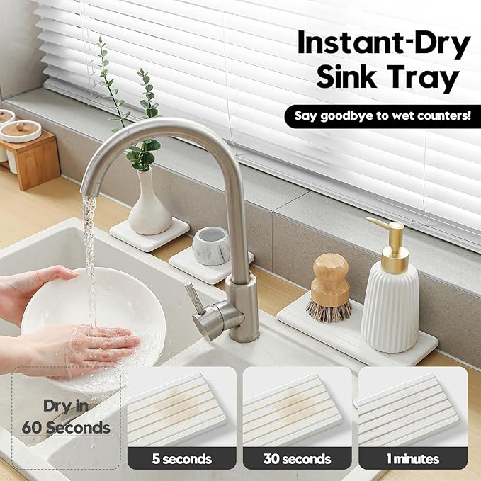 Diatomaceous Earth Sink Organizer Tray Set, Faucet Splash Guard