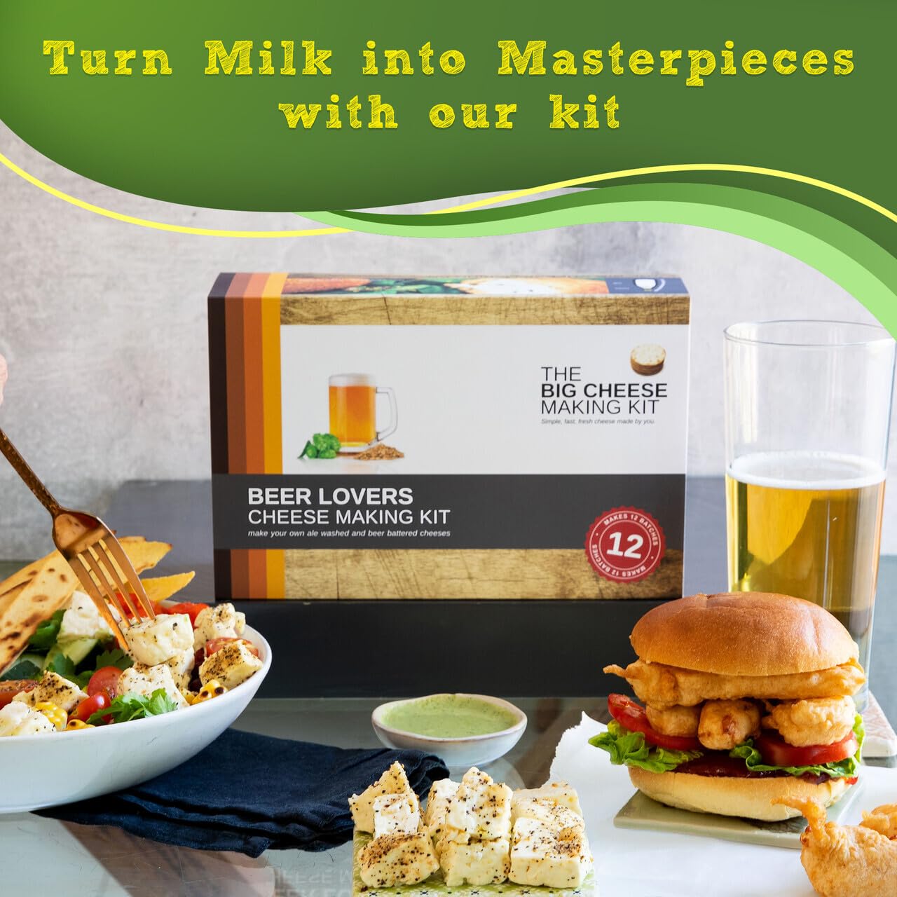 The Big Cheese Beer Lover's Cheese Making Kit - Make Cypriot-Style Cheese & Ale-Washed Squeaky Curds at Home - 12 Batches with Vegetarian Rennet & Recipe Book