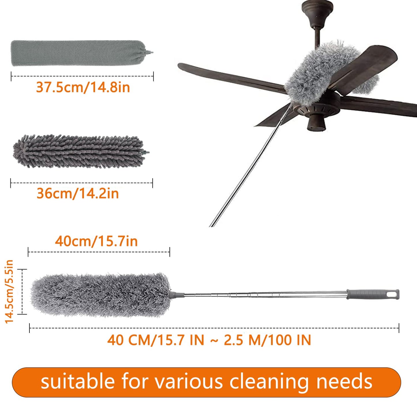 Feather duster 5PCS kit with 30-100 inch telescopic extension pole, detachable bendable and reusable gap hand crevice brush for cleaning dust cobwebs on high ceiling fans lights blinds cars furniture