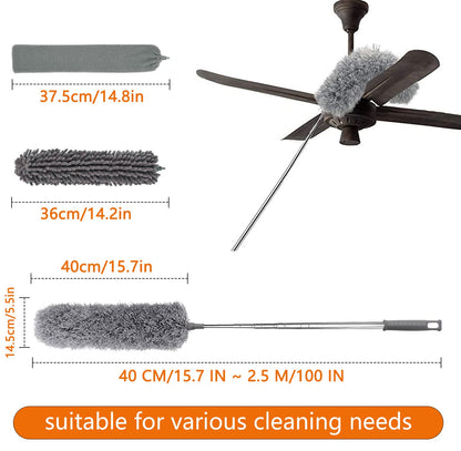 Feather duster 5PCS kit with 30-100 inch telescopic extension pole, detachable bendable and reusable gap hand crevice brush for cleaning dust cobwebs on high ceiling fans lights blinds cars furniture