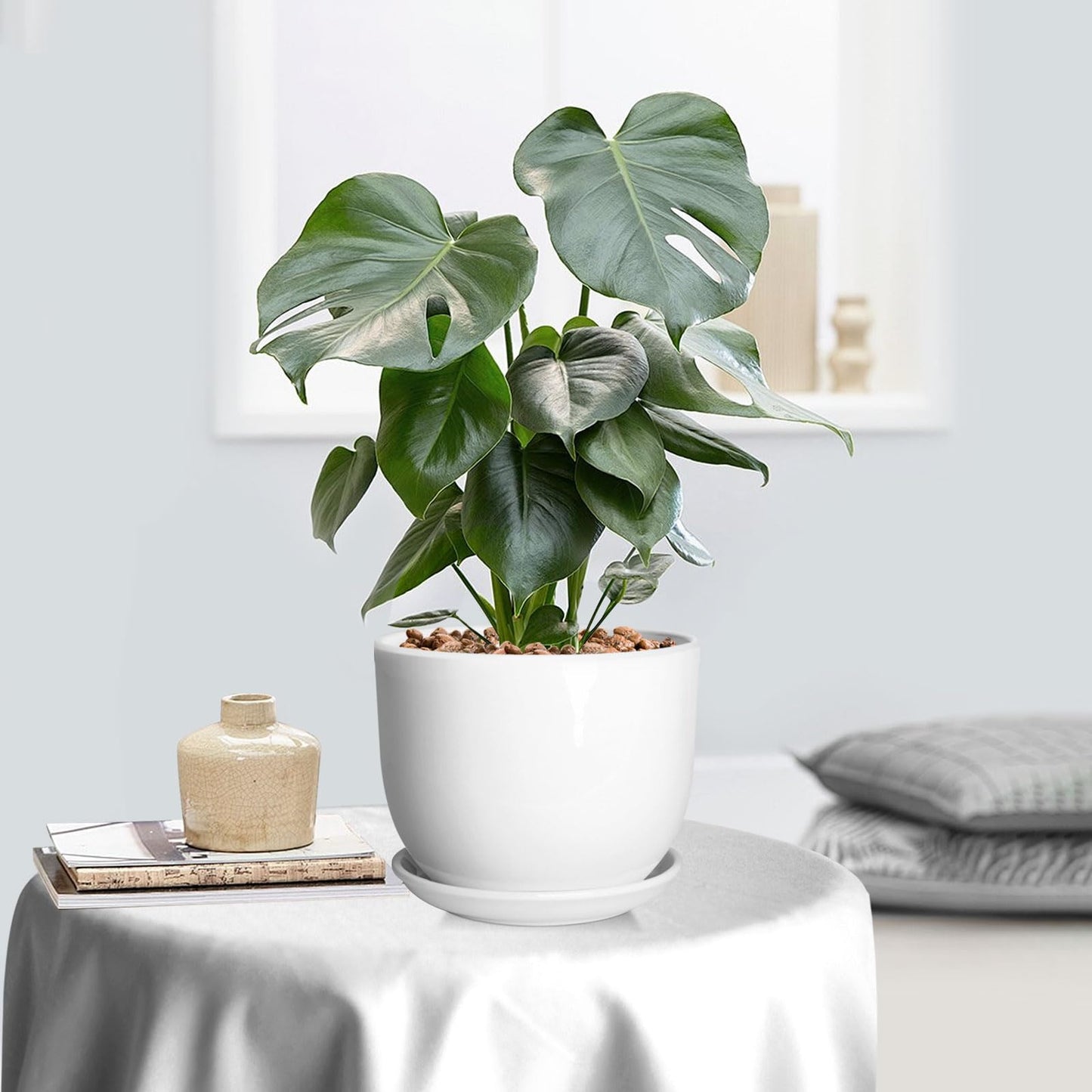 YUFDA Ceramic Plant Pots,White 5.5 Inch Flower Pots for Plants,Ceramic Planter with Drainage Holes,Indoor Planter Pots with Saucer,Outdoor Garden Pots (White, 4 Pack)