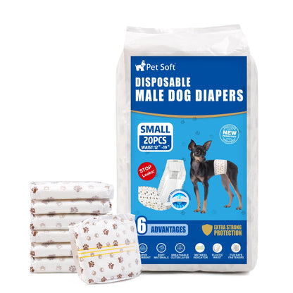 Pet Soft Dog Nappies Male- 20 Counts Disposable Male Dog Wraps, Super Absorbent Puppy Dog Diapers Incontinence Nappy Wraps with Wetness Indicator (S-20 Count)