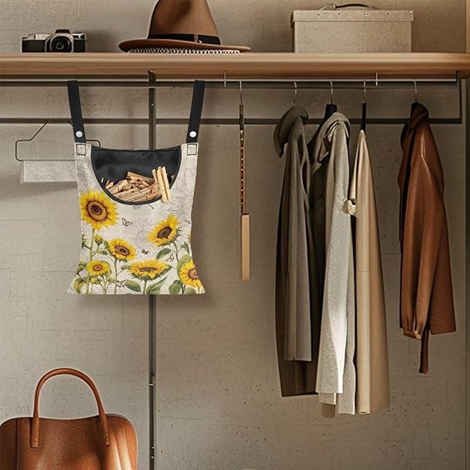 2 Pcs Sunflowers Print Clothespin Bag, Laundry Hanging Bag Fits Clothes Lines