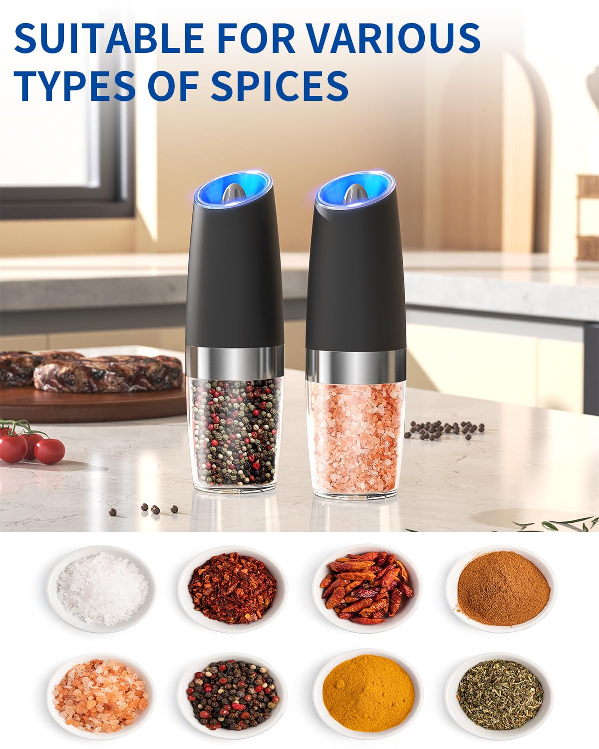 CIRCLE JOY Gravity Electric Salt and Pepper Grinder Set Automatic Salt and Pepper Grinder Set with LED Light, Battery Operated, Adjustable Coarseness, Large Capacity, for Home Kitchen BBQ, Black