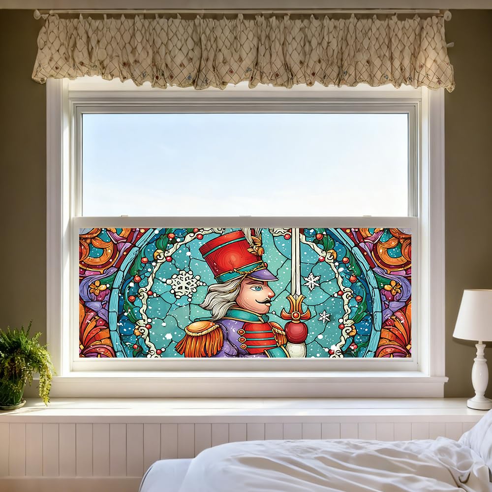 WDESYADMS Window Film 39.4×17.3 Inch PVC Stained Glass Style Winter Holiday Toy Soldier Design Decorative Window Film for Privacy Seasonal Home Window Covering