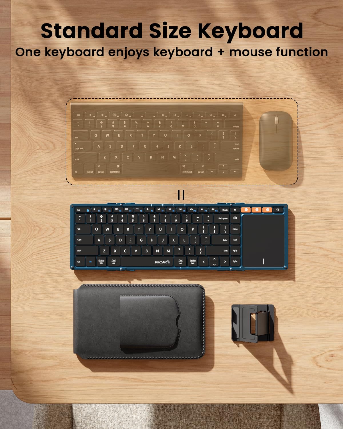 ProtoArc Foldable Keyboard with Touchpad, XK01 TP Folding Portable Keyboard, Full Size Keys, Large Trackpad Bluetooth Travel Keyboards for Laptop PC Tablet - Black