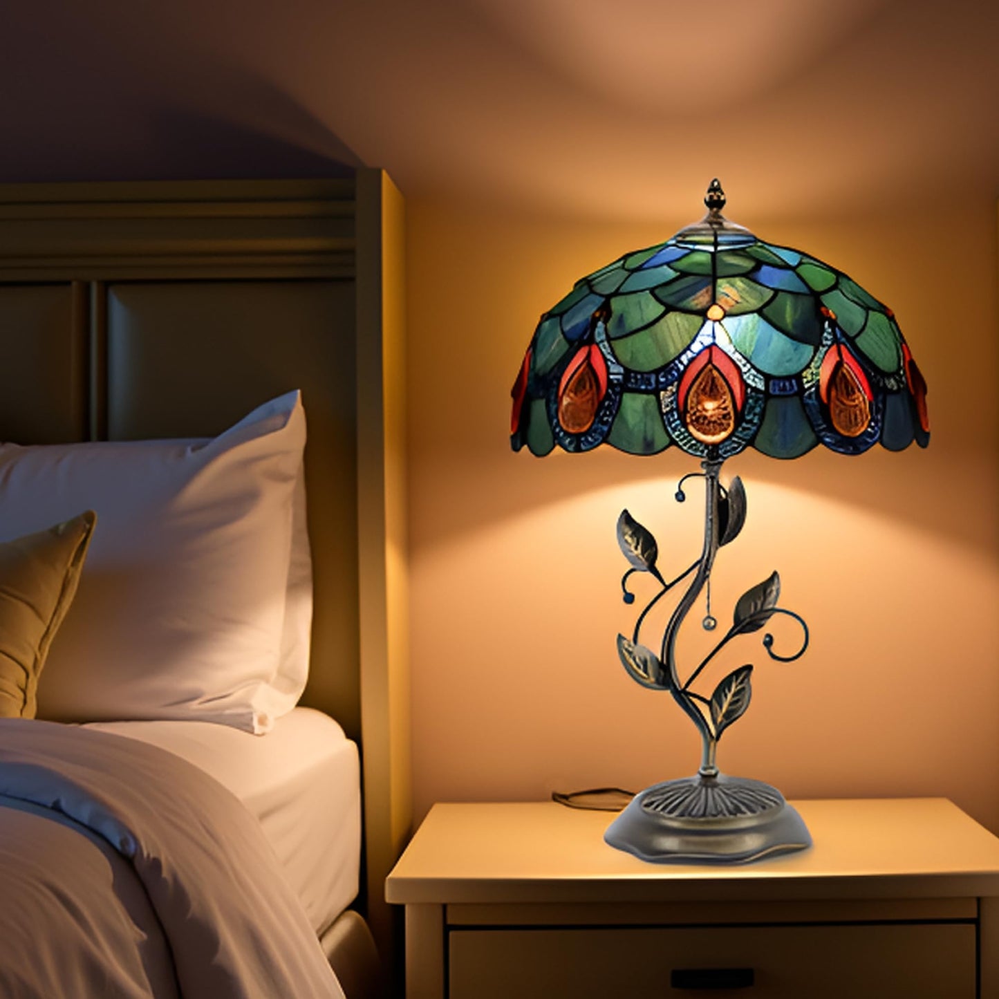 HWDFEI Tiffany Table Lamp, Stained Glass Style Desk Lamp, 12X12X19 Inch,Bedside Reading Light, Metal Leaf Base（Brown Crystal Style