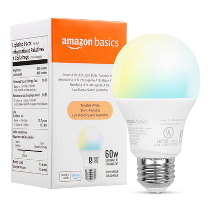 Amazon Basics Smart A19 LED Light Bulb, Color Changing, 9W (60W Equivalent), 800LM, Works with Alexa Only, 2.4 GHz Wi-Fi, No Hub Required, 1 Pack