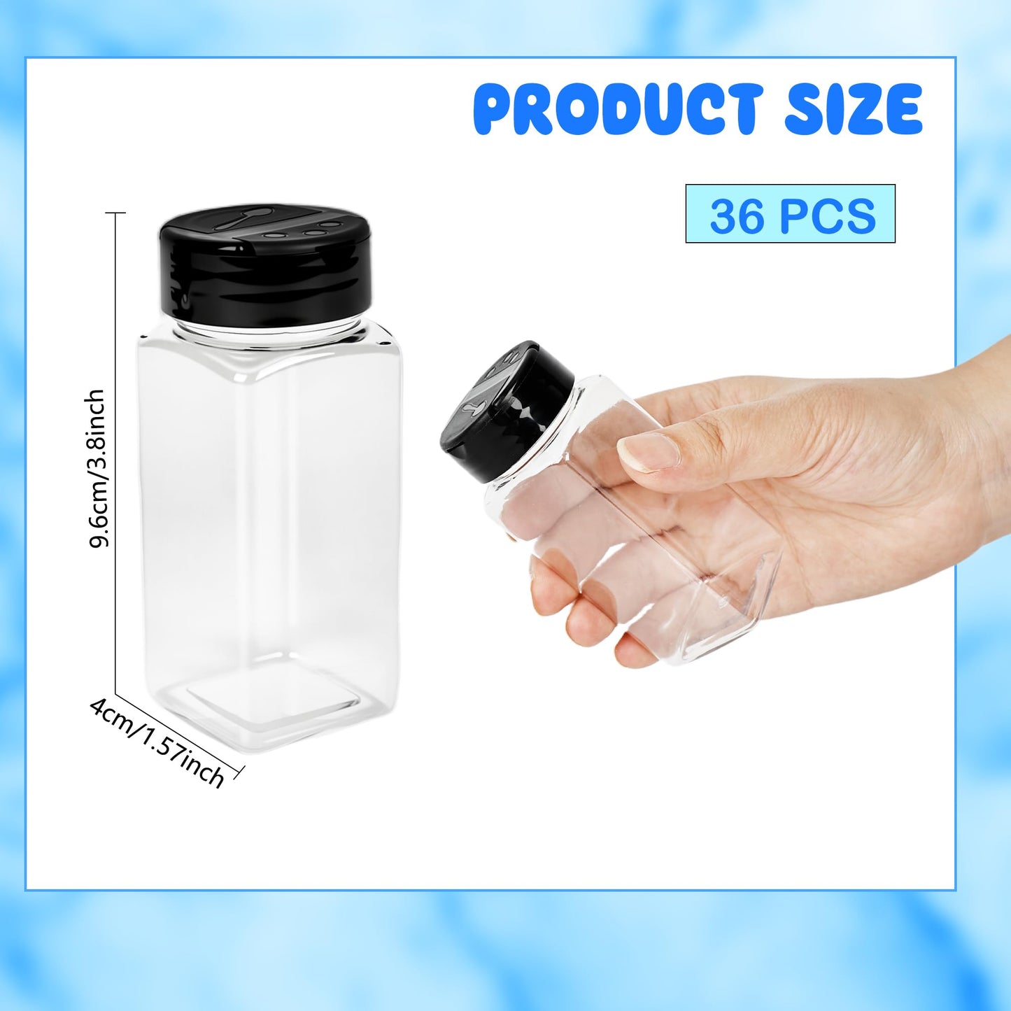 36 Pack 3.5 oz Plastic Spice Jars with Shaker Lids Square Seasoning Containers Clear Empty Storage Spice Bottles for Spice Peppers