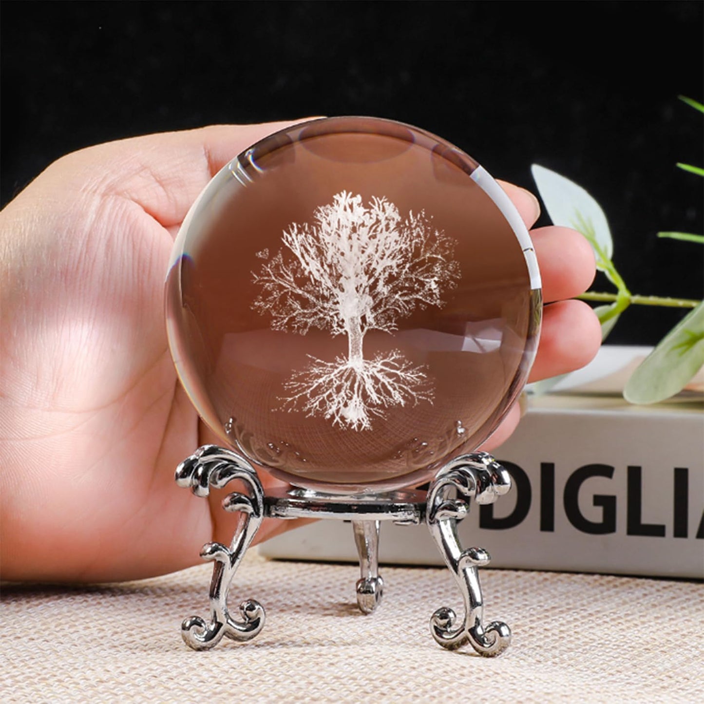 Tree of Life Crystal Ball with Stand, 60mm 3D Laser Engraved Glass Sphere Decorative Balls Paperweight Gifts for Women Mom Kids
