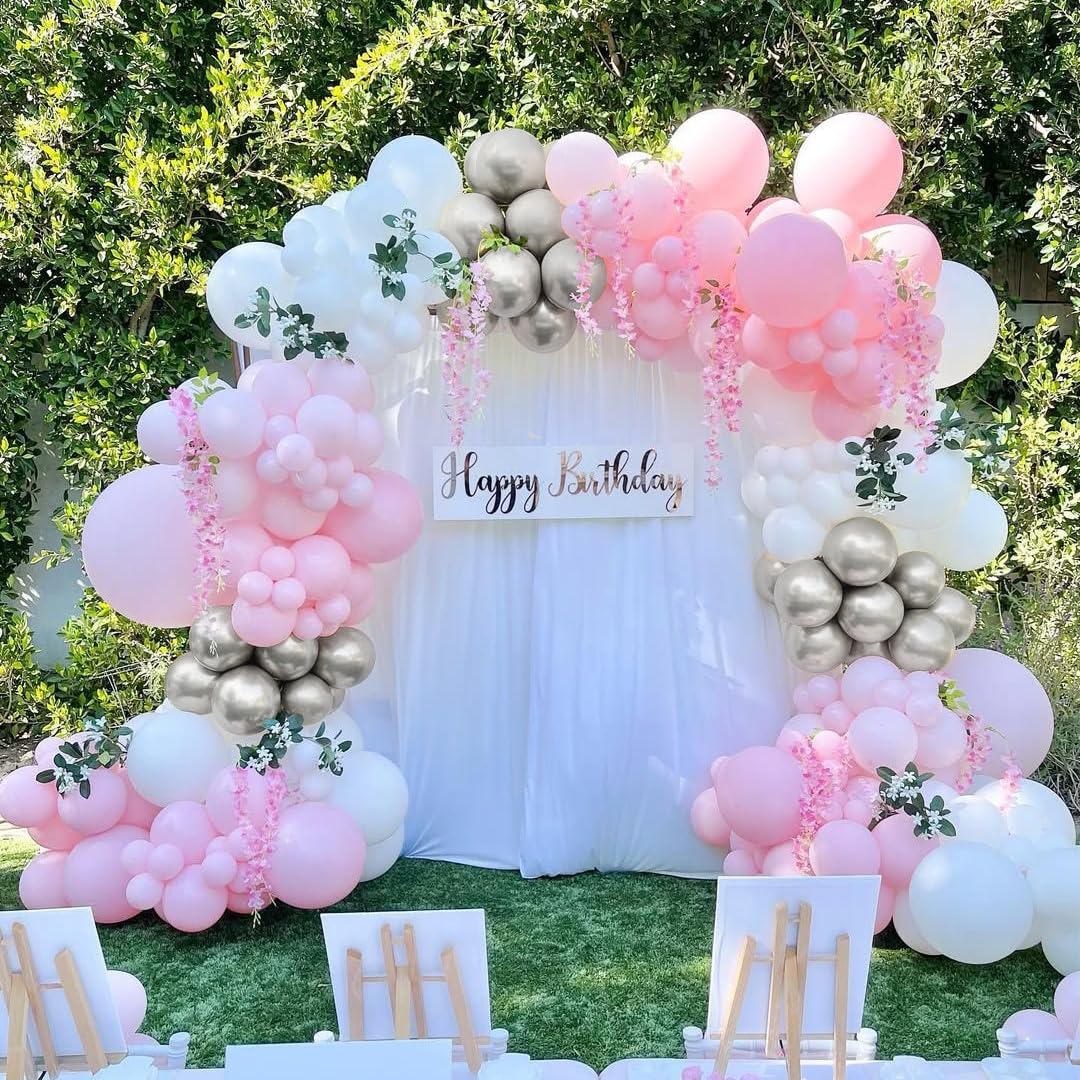 Pink White Silver Balloons Arch Kit, 162pcs Winter Wonderland Garland with Pastel Pink White Metallic Silver and Confetti Balloons for Wedding Princess Snowflake Theme Birthday Party Decorations