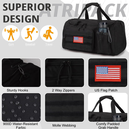 Tactical Gym Bag for Men, 40L Large Capacity Duffle Bags with Shoes Compartment, Sports Bag with wet compartment, Multi-functional Weekend Bags Suitable for Travel, Camping,hiking