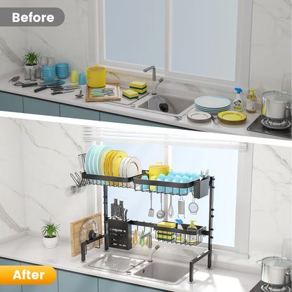 MERRYBOX Over The Sink Dish Drying Rack, 2-Tier Height:20.7in,Length:25.6-33.5in Adjustable,Stainless Steel Dish Drainer with Cutting Board Holder,Large Kitchen Dish Rack Counter Organizer Space Saver