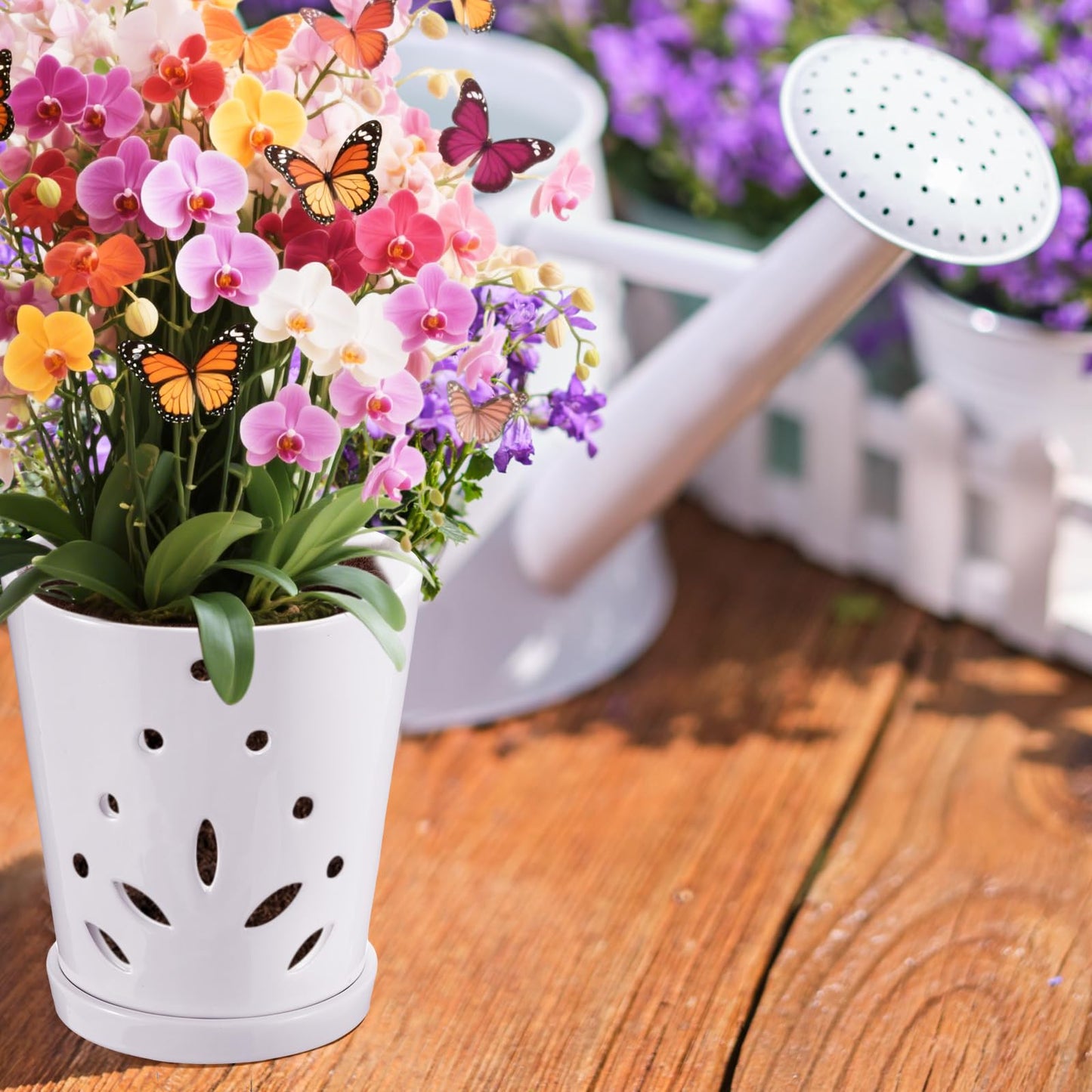Suclain 2 Pack Orchid Pots with Holes Ceramic Orchid Planters with Drainage Holes and Tray for Root Health Repotting New Plants Air Circulation Indoor/Outdoor Flower Pots(6.5 Inch,White)