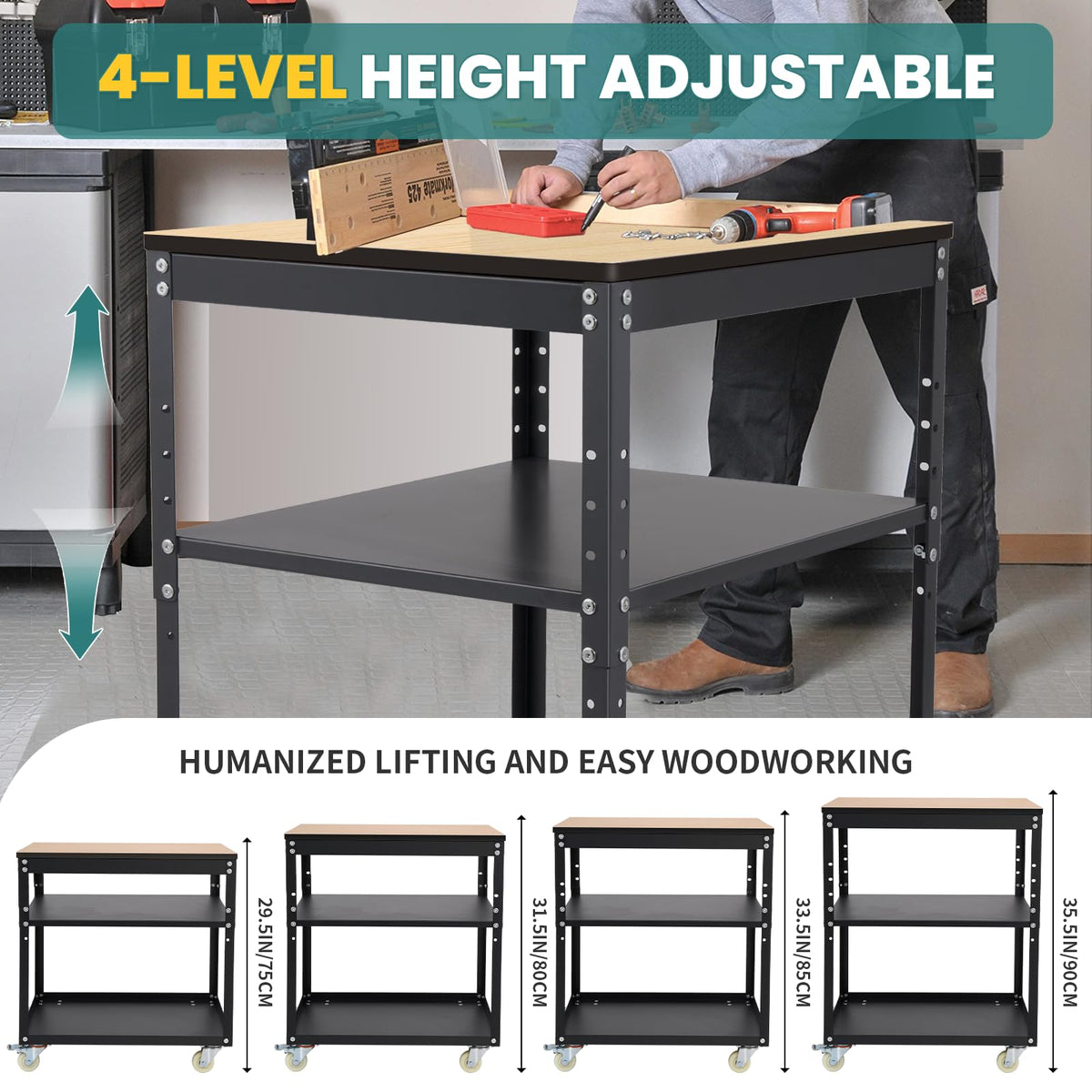 Planer Stand,Height Adjustable Planer Table with Wheels, 500 lbs Load Capacity Three-Tier Storage Tool Stand for Planers, Miter Saws, Table Saws, and Power Tools