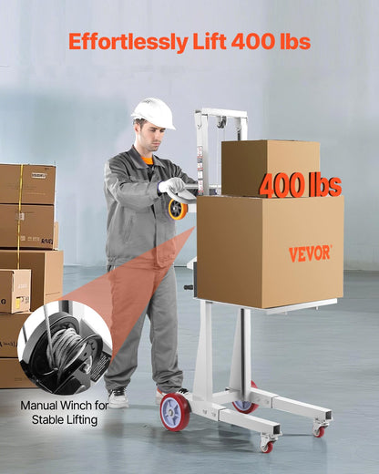 VEVOR Material Lift Winch Stacker, 400 lbs Capacity Pallet Truck Dolly, 51.1 in Max Lifting Height Manual Winch Stacker, Multifunctional Manual Pallet Truck Stacker with Wheels and Adjustable Plate
