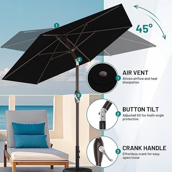 AreShark 7.5FT Patio Umbrella Table Market Umbrella with 6 Sturdy Ribs, Button Tilt/Crank, Heavy-Duty Outdoor Umbrellas for Pool, Deck, Garden and Backyard, Black