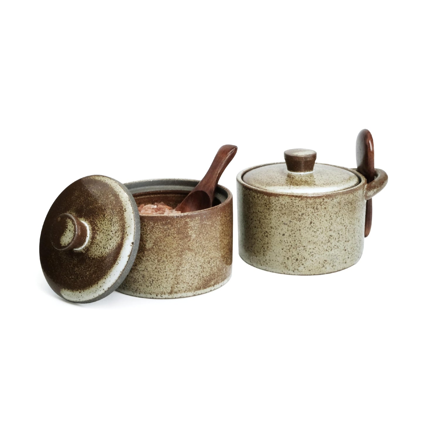 seicasaya Handcrafted Speckled Ceramic Salt Cellar with Wooden Spoon, Rustic Vintage Spice Jar, Dishwasher Safe, 8.45 fl oz (Peckled Ceramic set of 2)