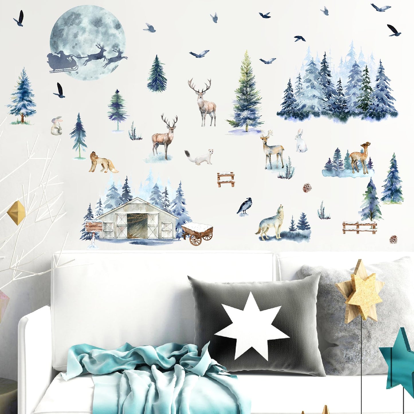 Winter Tree Wall Stickers Forest Animal Wall Decals Removable Woodland Tree Animal Wall Stickers Christmas Winter Pine Wall Decal Xmas Elk Santa Claus Christmas Moon Window Wall Decal