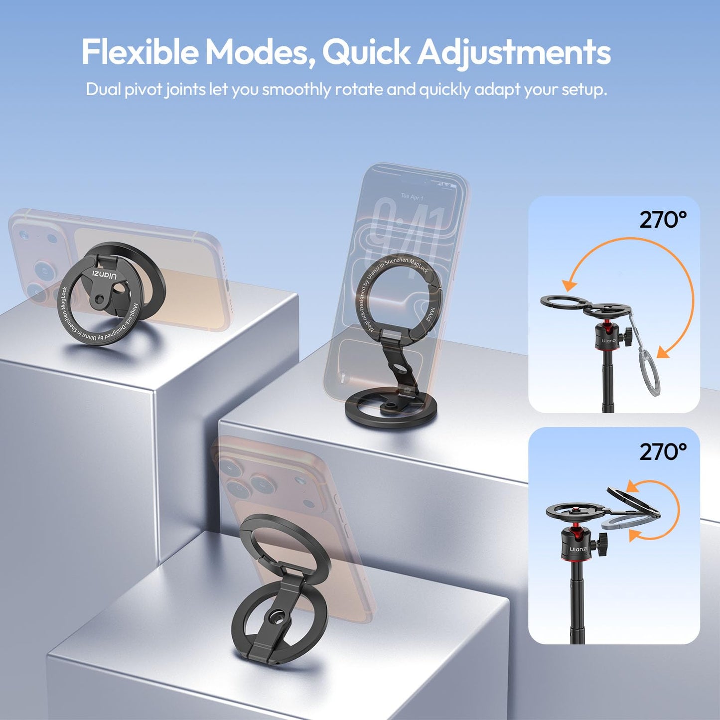 ULANZI MA02 Dual Magnetic Phone Holder for Gym, Gym Phone Mount for MagSafe/iPhone 17-12, Foldable Phone Tripod Mount with 1/4" Screw for Gym, Workout, Kitchen or Any Metal Surface, Black
