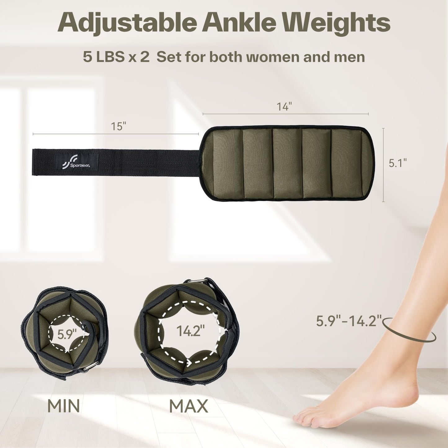 Sportneer Adjustable Ankle Weights for Women and Men：1 Pair 1 2 3 4 6 7 8 10 lbs Upgraded Easily Adjustable Leg Weight, Weighted Wrist Weight Strap for Gym, Fitness, Workout, Walking, Dancing (Army Green, 5 lbs x 2)
