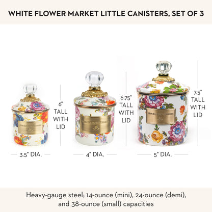 MACKENZIE-CHILDS Enamel Canister Set, Mini (14 oz.), Demi (24 oz.), and Small (38 oz.) Kitchen Containers, White Flower Market