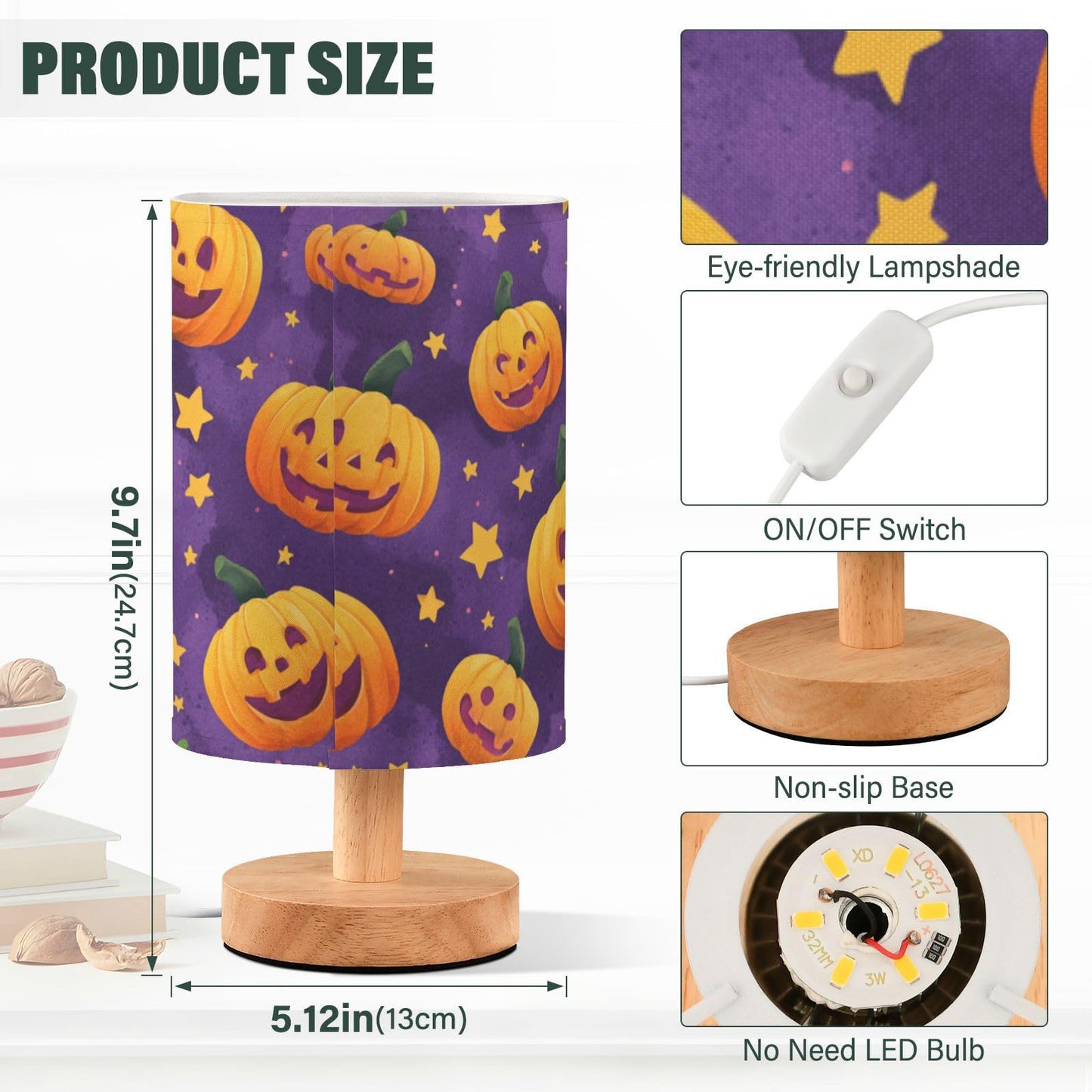 Dussdil Halloween Evil Pumpkins Table Lamp Bedroom Bedside Night Reading Desk Lamps Cylinder Nightstand Sleeping Light Lamp for Kids Living Room Office Decor
