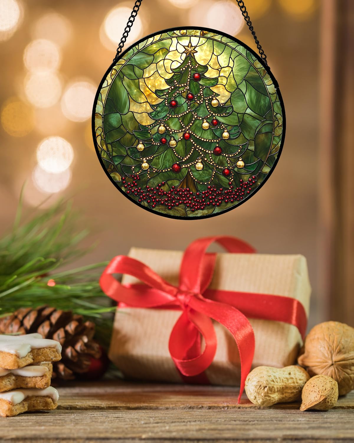 Stained Glass Window Hanging - Retro Green Christmas Tree Suncatcher for Doors Home Christmas Decoration Sun Catcher Thanksgiving New Year Birthday Gifts for Women Men Mom Nana 9.8 in