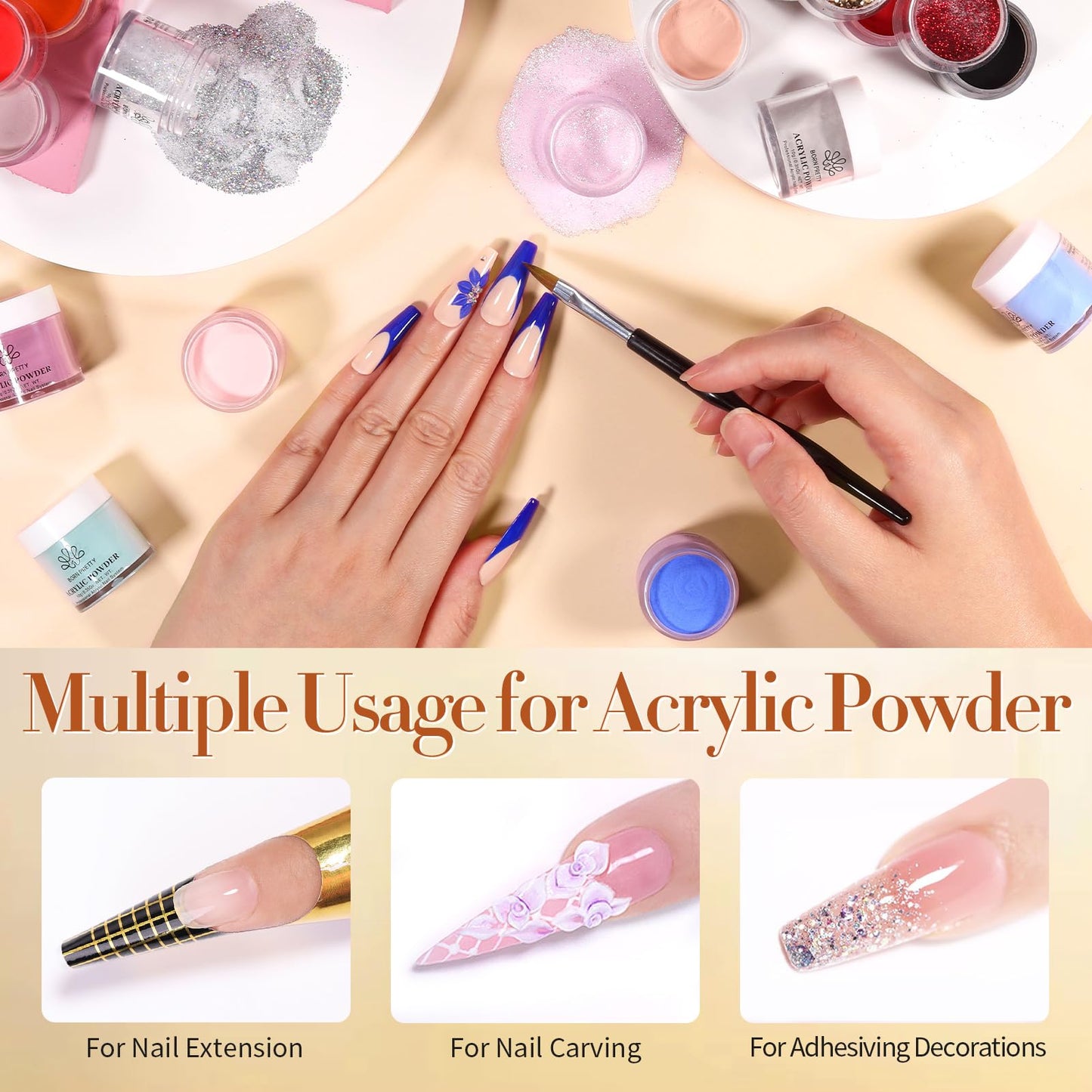 BORN PRETTY Acrylic Nail Kit - Acrylic Powder (Clear, White, Pink) & Liquid Set with Nail Forms, Brush Pen, File & Glass Container - Beginner Friendly