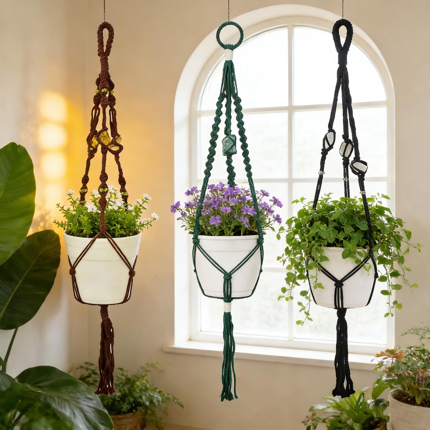Nomylunota Macrame Plant Hanger with Boho Beads Handmade Hanging Planter Crochet Plant Holder(35.4 inches,Green & Brown & Black)