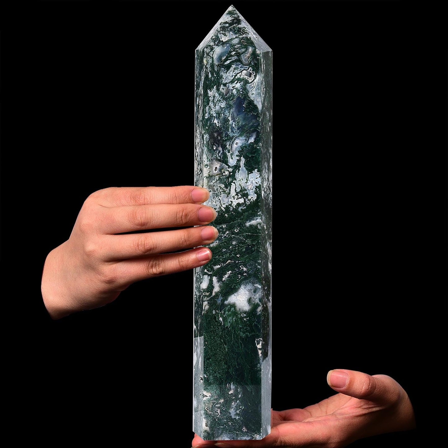 AMOYSTONE Extra Large Healing Crystal Obelisk Towers Moss Agate Point Wand Home Decor Reiki Healing 4.4-4.8LBS