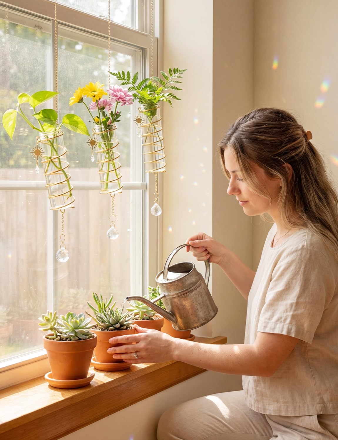 3 Pack Hanging Propagation Station with Crystal Sunshine Catcher Glass Window Propagation Tubes Vases with Gold Metal Chain for Indoor Hydroponics Plants Home Decor