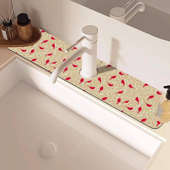 Christmas Cardinal Birds Kitchen Sink Splash Guard Mat Absorbent Fast Drying