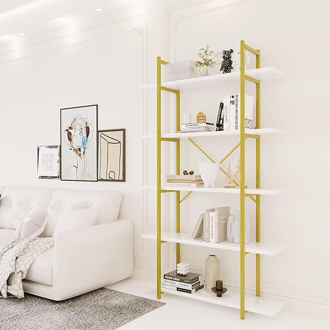 5 Tiers Bookshelf Organizer White Faux Marble Shelf, Modern Open Display