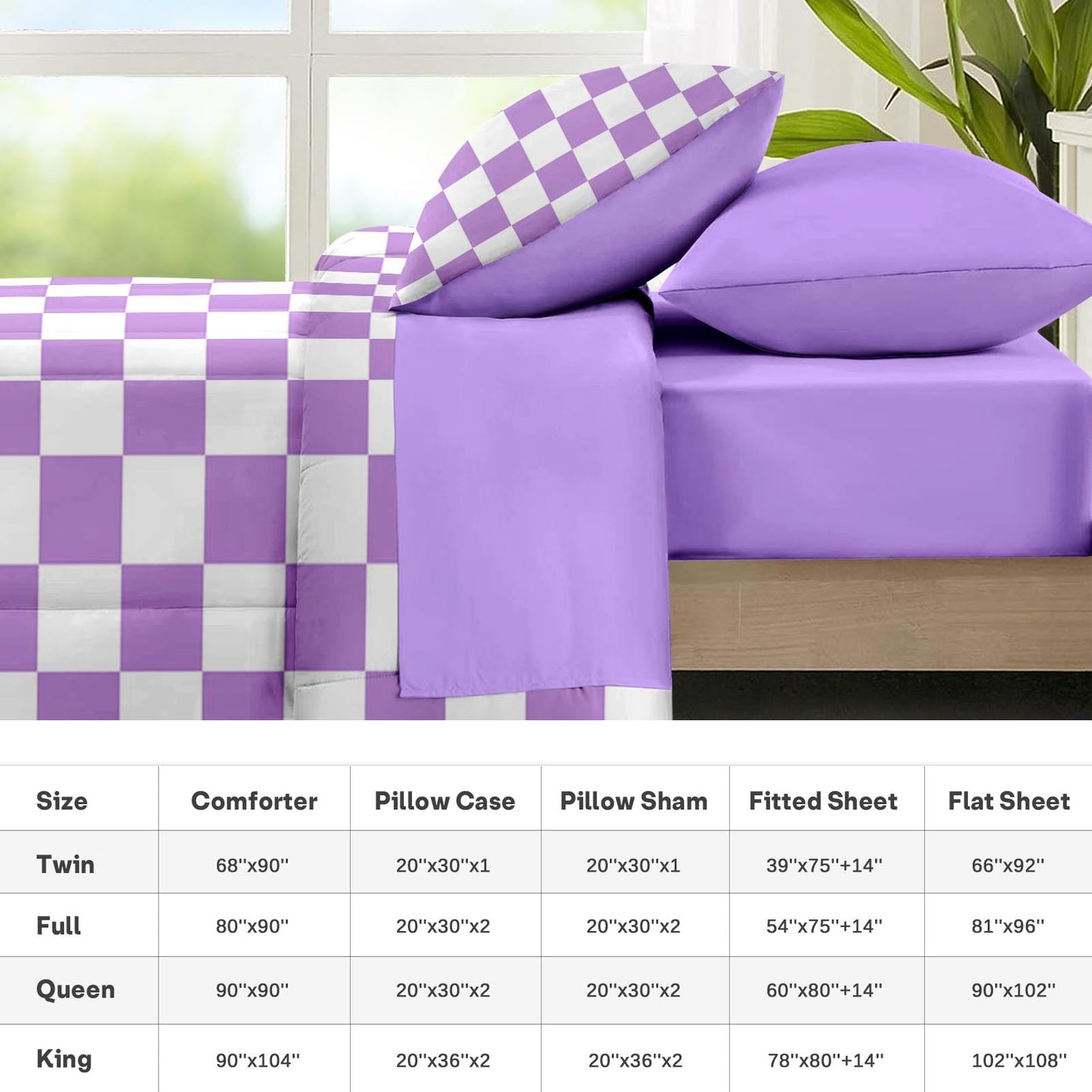 Nesker Comforter Set Queen Size, Purple Plaid Gingham 7 Pcs Bedding for Kids and Adults, Checkerboard Grid Bed Sheet Sets with Fitted Sheet 2 Pillowcases & 2 Shams