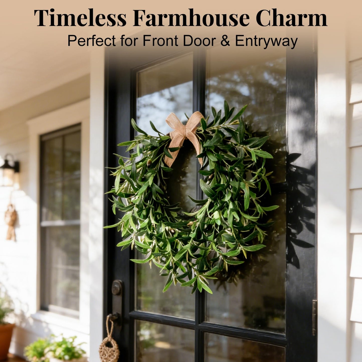Artificial Olive Wreath for Front Door - 22 Inch Faux Greenery Wreath with Burlap Bow & Olives - Modern Farmhouse Wall Decor, Year Round Spring Summer Wreath for Indoor Outdoor Wedding Entryway