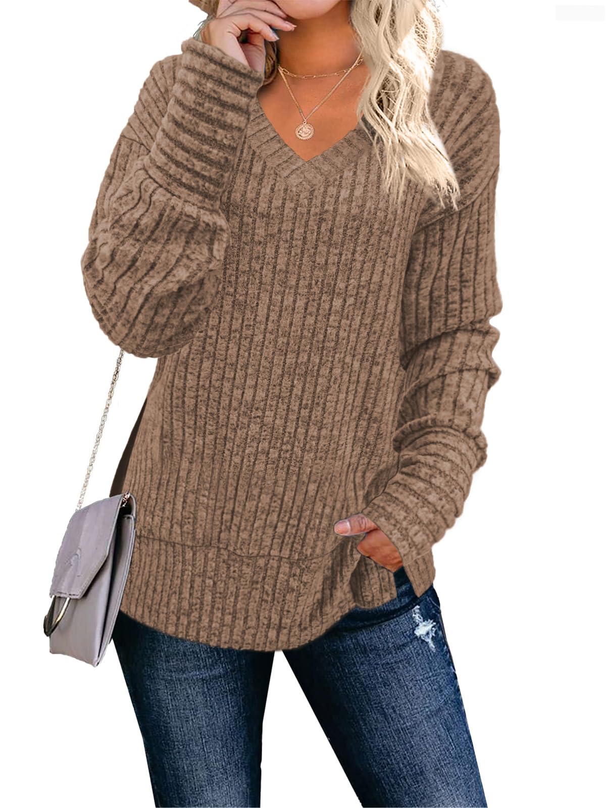JomeDesign Womens Sweaters Long Sleeve V Neck Shirts Loose Casual Fashion Tops