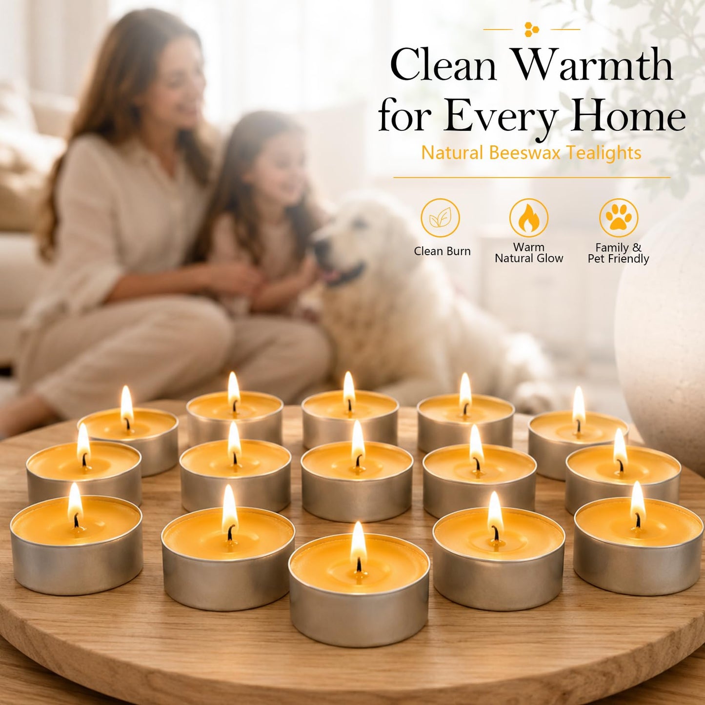 48 Pack Natural Beeswax Tealight Candles 4-5 Hour Long Burning Time