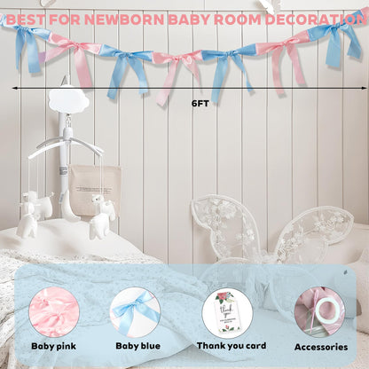 Eanjia Gender Reveal Bow Knot Garland |6ft Gender Reveal Party Decor with 3ft Extend Ribbon Pre-Assembled Satin Ribbon Banners with Baby Pink/Blue Bows Baby Shower No DIY Needed (Pink & Blue, 6ft)
