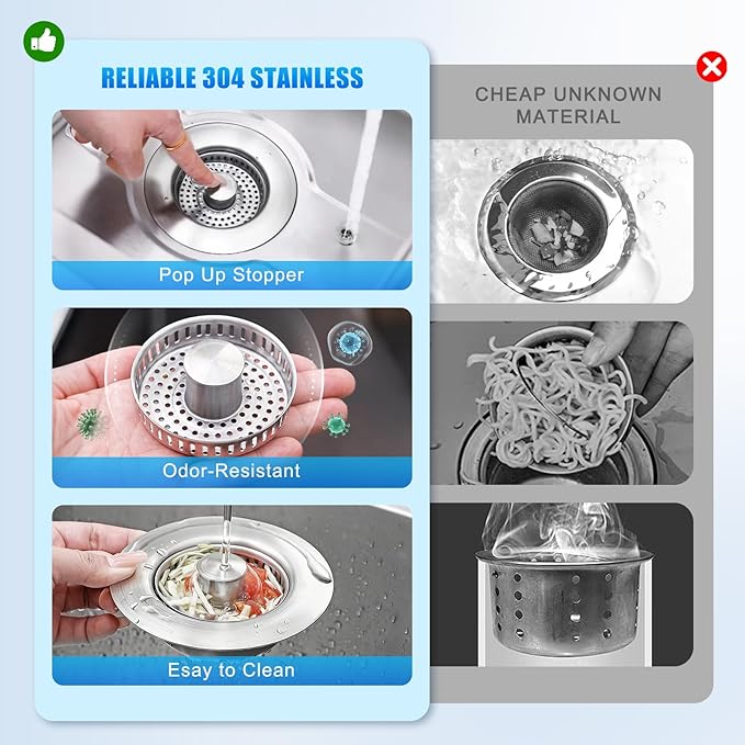 Kitchen Sink Drain Strainer 3-in-1, Pop-Up Stopper & Anti-Clogging Basket