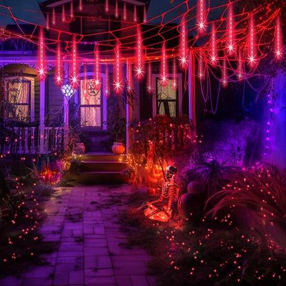 Aukora Red Led Halloween Lights Outdoor, Christmas Lights Outside, 8 Tube Snow Falling Rain Icicle String Light for Xmas Tree Party Thanksgiving Day Garden Camp Wedding Decorations, UL Plug