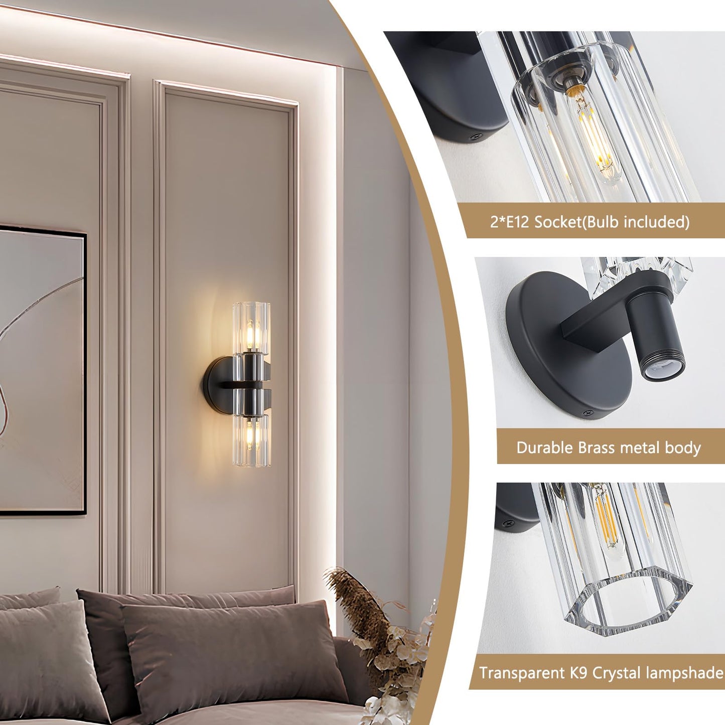 SHEKAITAO Crystal Wall Sconces Set of Two, 13" Modern Brass Sconces Lighting with K9 Crystal Lampshade,Indoor Wall Sconce Bedroom Wall Light Fixtures for Living Room Bathroom Hallway Stairs Entryway