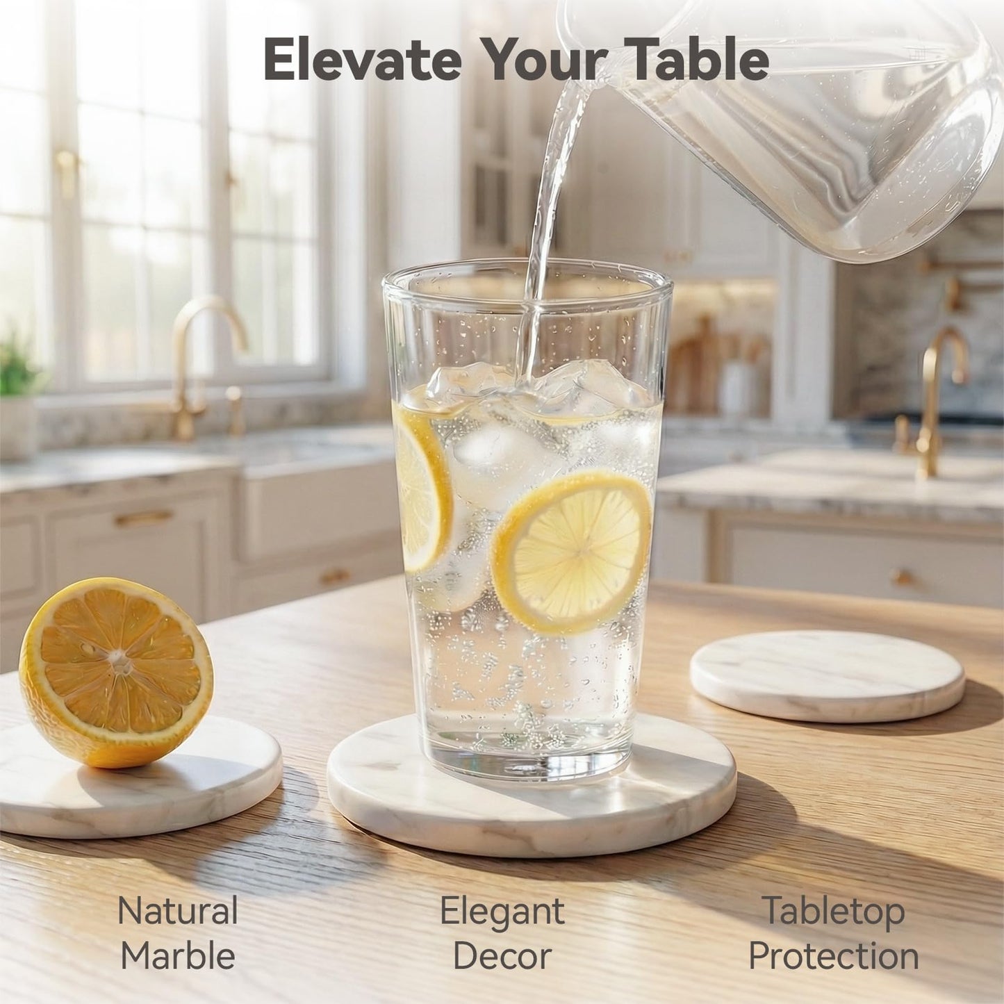 YONGHEE Soft White Marble Coasters Set of 6 with Holder, Elegant Drink Coasters for Coffee Table, 4" Polished Natural White Stone Coaster with Grey Veins - Heat Resistant, Non-Slip, Housewarming Gift