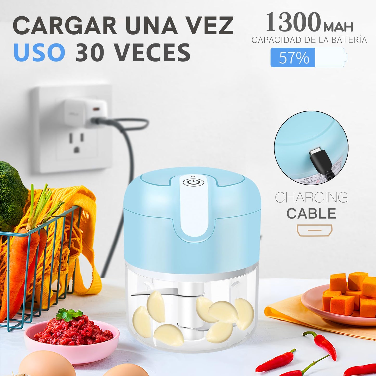 EASYSPEED Electric Garlic Chopper 1Cup, Mini USB Charging Wireless Food Processor with 304 Stainless Steel, 2 Sharp Blades, Portable Kitchen Meat Grinder for Onion, Garlic, Ginger, Baby Food