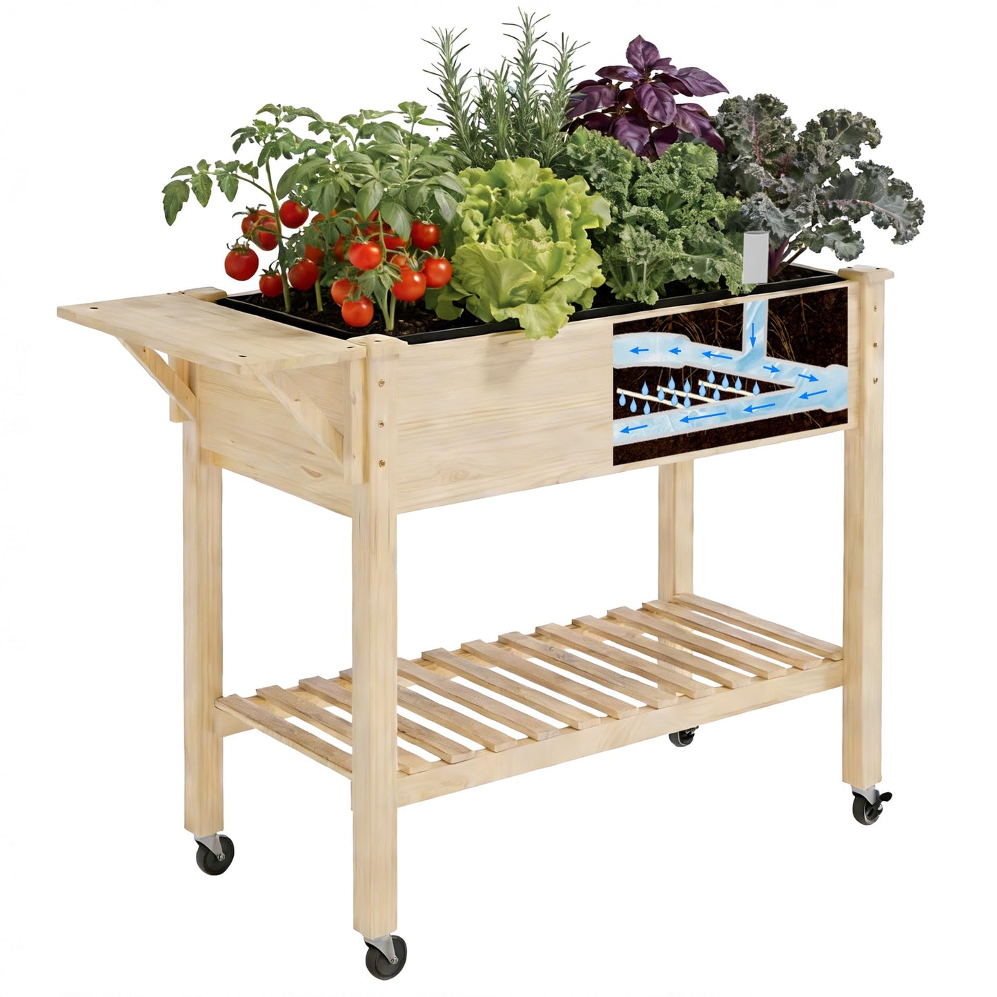 Cakhdry Raised Garden Bed with Legs and Wheels, Self-Watering System, 34x18x30in Elevated Planter Box with Storage Shelf & Liner for Flowers Vegetables Herbs, Raised Bed for Outdoor/Balcony/Patio