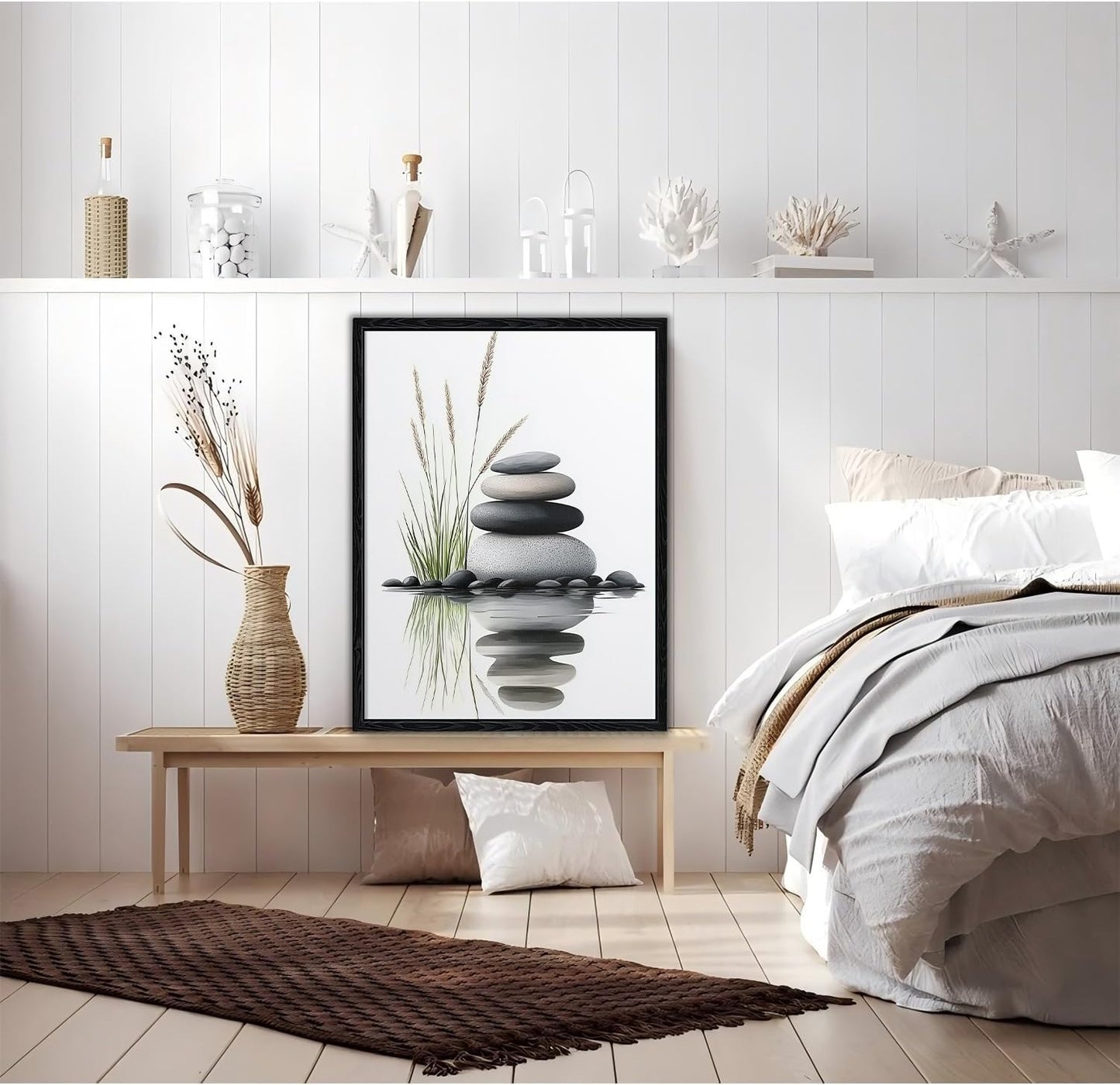Serene Zen Stacked Stones with Water Reflection Canvas Wall Art - Cozy Modern Minimalist Spa Decor for Bathroom Bedroom Living Room - HD Waterproof Premium Stretched Framed Ready to Hang 12x16 Inches