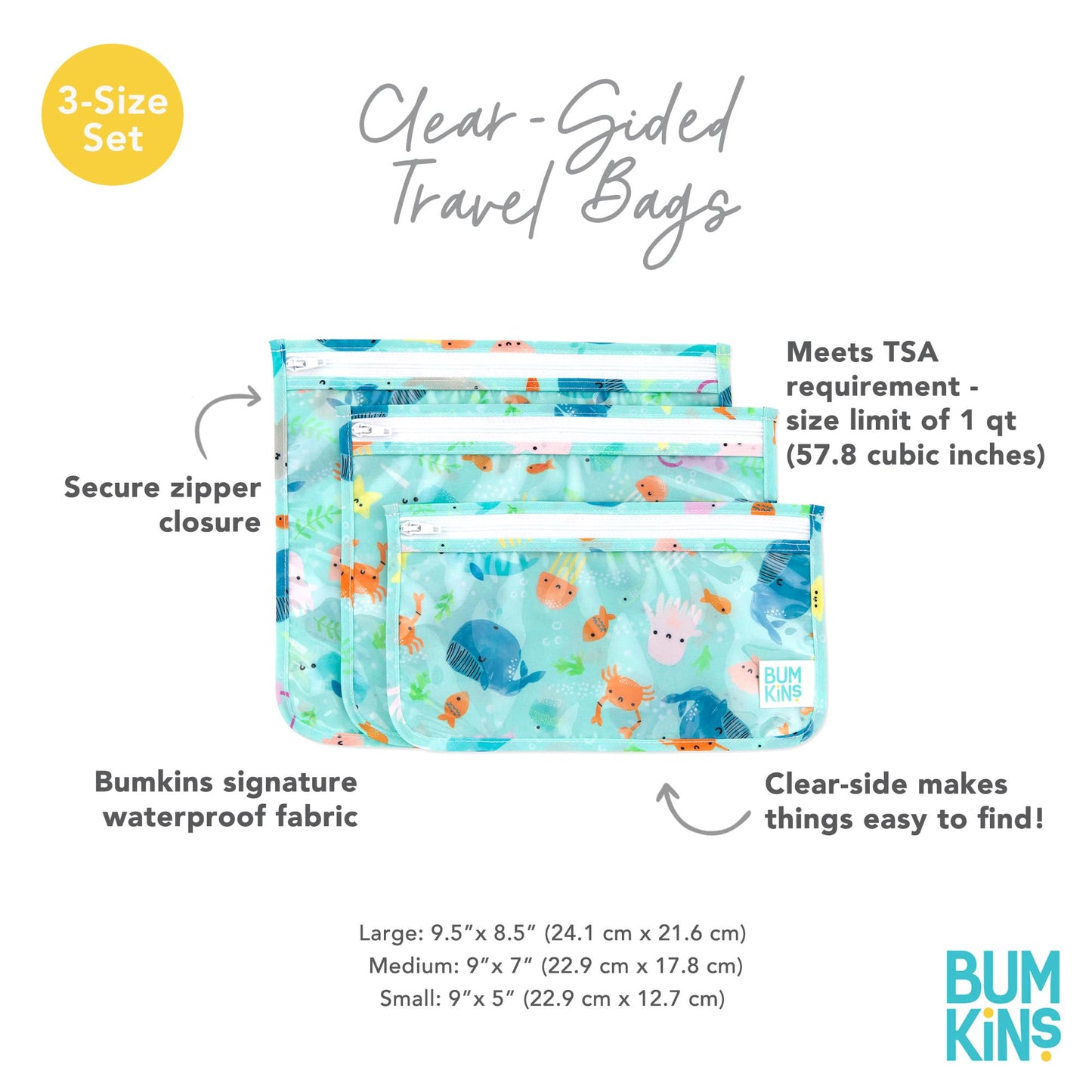 Bumkins TSA Approved Toiletry Bag, Travel Bag, Quart Zip Pouch, Clear Sided, PVC-Free, Vinyl-Free, Set of 3 – Ocean Life