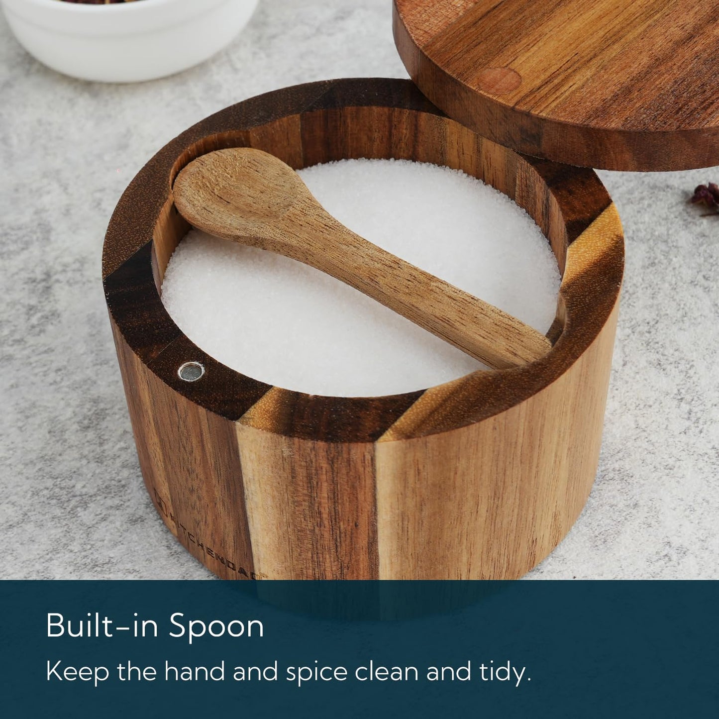 KITCHENDAO Acacia and Bamboo Salt Cellar Bowl Box with Built-in Spoon to avoid Dust, Elegant Kitchen Salt Container Holder with Swivel Magnetic Lid to Storage Pepper Spice Bath Salt Sea Salt, 6OZ