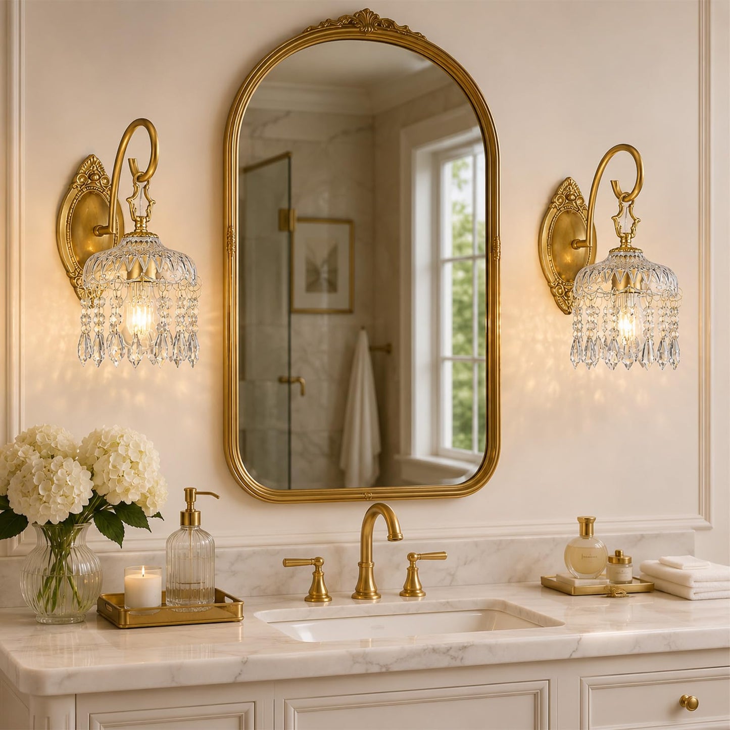 Hamilyeah Crystal Wall Sconces Set of 2, Gold Hardwired Wall Sconce with Faceted Glass Shade and Crystal Drops, Vintage Victorian Brass Wall Light Fixture for Bedroom, Living Room, Hallway, Entryway